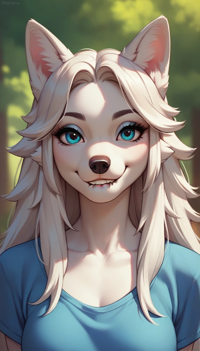 wolf, female, cute face, ((light purple fur)), sexy, fit body, high detail, UHD, high details, anatomically correct, super detail, 8k, best quality, masterpiece, high detail, intricate detail, long hair, white hair, green eyes, by Einshelm, chest tuft, detailed face, purple face, detailed eyes, perfect eyes, headshot, close up on face, licking lips, seductive look, lidded eyes, bedroom eyes, seductive gaze,