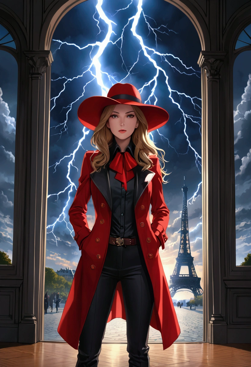 (realistic:0.2), anime illustration, 1girl,, red coat, big red hat, in paris france, sfw, black pants, black office shirt,, carmen sandiego,, blue sky,, long hair,, dramatic lightning, lights, epic lights, light on face, backlit, face light, lit face, fill lamp, fill light, ((masterpiece)),   (carmen_sandiego_v1-1_shurik-2000:0.6)