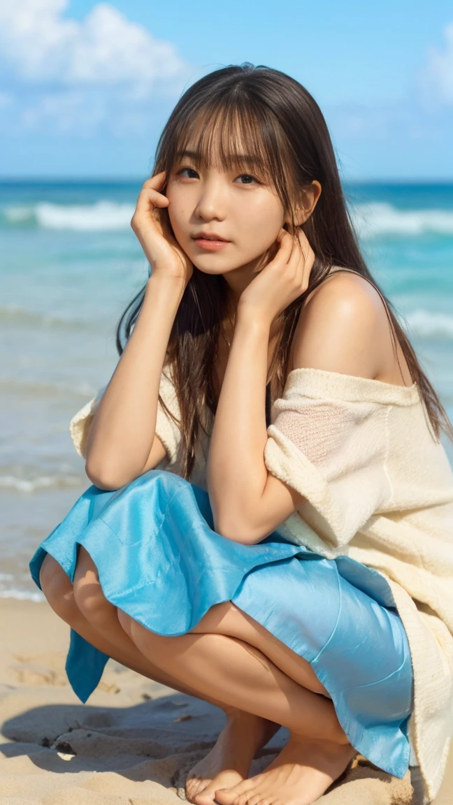 (((Top-down configuration:1.33)))、((No underwear:1.55))、One Girl、Beautiful and detailed eyes and face、barefoot、20 year old cute Japan woman, ((Extremely precise and accurate ???????:1.0)), (photo Realistic:1.4), (hyper Realistic:1.4), (最高品質のRealisticな肌の質感:1.4), (Improvement of quality:1.4), (Enhances the beauty of skin texture:1.1), Clean and glowing skin, mesh, thin:1.2, (Realistic:1.3), Realisticなライティング, (Smoother lighting:1.05), (Improving the quality of cinema lighting:0.9), Backlight, A gentle light on your face, Ray Tracing, (Bright light:1.2), 32K, One Japanese woman, fine grain, Detailed face, (Film Grain:1.1),(Accentuates body lines:1.1), High resolution, Natural look, Kind eyes, Improves hair quality, Delicate light and shadow, Transparent muscles, Graceful pose, Beautiful Eyes, Sharp details, Soft light reflection, Beautiful contours, Delicate skin tone, Fine hair texture, Natural background, (((sunny day、Beach、A strong wind is blowing、Her hair and skirt are flying、Squat, Open shirt、Pleated skirt、Scooping seawater with hands:1.25、splash、Sandy Beach、Light of the sun、clear blue sea、The waves crash quietly、Blue sky and white clouds、Green Mountain々、Beautiful Nature、The joys of youth)))、