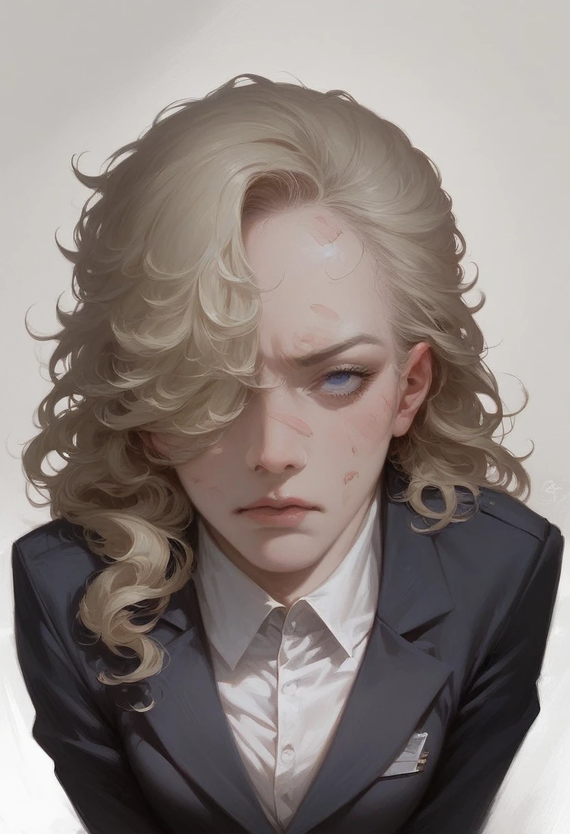 a portrait photo of a beautiful woman with curls and lots of freckles, (dirty blonde ha portrait:1.5), dramatic light , upper body, bending forward, all-fours, hair over one eye, black business suit, open business suit, , staring naughty, Rembrandt lighting scheme, (hyperrealism:1.2), (photorealistic:1.2), shot with Canon EOS 5D Mark IV, detailed face, detailed hair, masterpiece,score_9,score_8_up,score_7_up,,8k