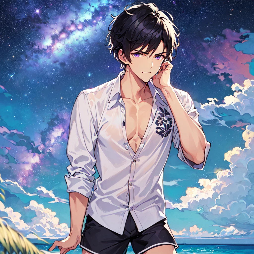 masterpiece,best quality,high quality,(1 male austere handsome solo adult age 30 years old:1.5), purple eyes, cool with suspended eyes, V-shaped eyebrows, body strong and fearless 8.5 head tall, height 185cm, (well-groomed black short hair to neck:1.4), (bangs 1.4), slender nose, facial muscles, throat, (Aloha shirt and shorts: 1.3), (hand on chin: 1.3), (stylish pose), (cool smug face: 1.3), (background ocean: 1.3) , (Milky Way Night Sky: 1.3), (upper body:1.3)