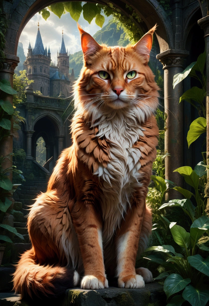 Giant Cat, A giant majestic cat, detailed feline anatomy, intricate fur textures, cinematic lighting, dramatic shadows, epic fantasy landscape, lush foliage, moody atmosphere, vibrant colors, 8k, masterpiece, best quality, very aesthetic, absurdres