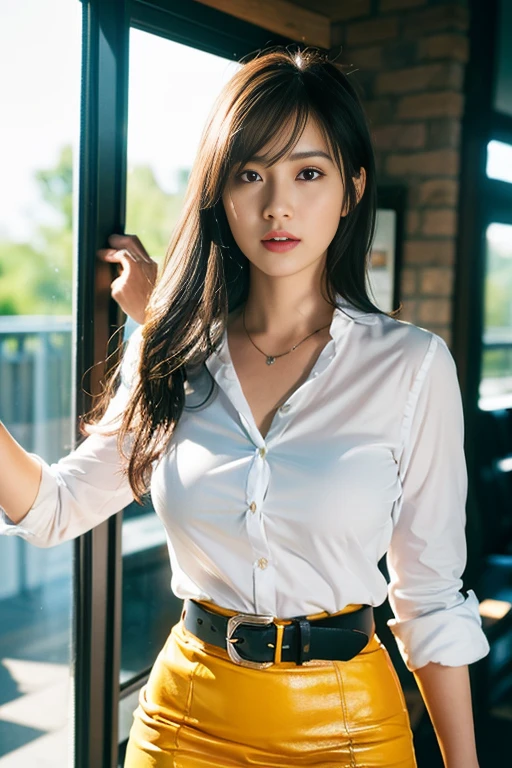 (a tall and pretty woman, age28, slender abs, dark brown hair styled bob hair with side bangs, ample bosom, wearing pendant, white button up shirt, belt, yellow pencil skirt, modern architecture in background, detailed eyes, double eyelid, best quality, 8k, highres, masterpiece:1.3, realistic, photorealistic:1.37, HDR, UHD, studio lighting, ultra-fine painting, sharp focus, physically-based rendering, extreme detail description, professional, vivid colors, bokeh, cowboy-shot)