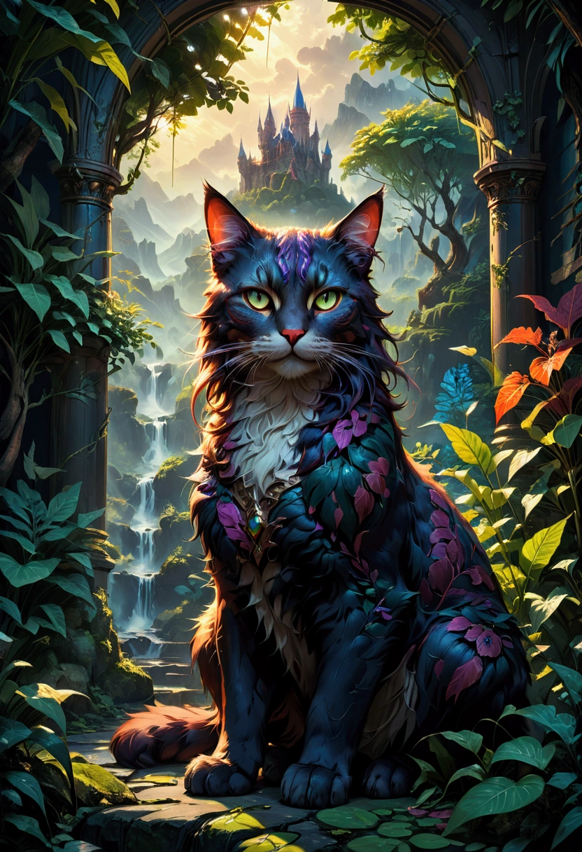 Giant Cat, A giant majestic cat, detailed feline anatomy, intricate fur textures, cinematic lighting, dramatic shadows, epic fantasy landscape, lush foliage, moody atmosphere, vibrant colors, 8k, masterpiece, best quality, very aesthetic, absurdres