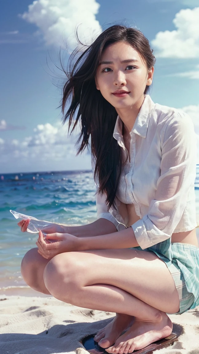 (((Top-down configuration:1.33)))、((No underwear:1.55))、One Girl、Beautiful and detailed eyes and face、barefoot、20 year old cute Japan woman, ((Extremely precise and accurate anatomy:1.0)), (photo Realistic:1.4), (hyper Realistic:1.4), (最高品質のRealisticな肌の質感:1.4), (Improvement of quality:1.4), (Enhances the beauty of skin texture:1.1), Clean and glowing skin, mesh, thin:1.2, (Realistic:1.3), Realisticなライティング, (Smoother lighting:1.05), (Improving the quality of cinema lighting:0.9), Backlight, A gentle light on your face, Ray Tracing, (Bright light:1.2), 32K, One Japanese woman, fine grain, Detailed face, (Film Grain:1.1),(Accentuates body lines:1.1), High resolution, Natural look, Kind eyes, Improves hair quality, Delicate light and shadow, Transparent muscles, Graceful pose, Beautiful Eyes, Sharp details, Soft light reflection, Beautiful contours, Delicate skin tone, Fine hair texture, Natural background, (((sunny day、Beach、A strong wind is blowing、Her hair and skirt are flying、Squat, Open shirt、Pleated skirt、Scooping seawater with hands:1.25、splash、Sandy Beach、Light of the sun、clear blue sea、The waves crash quietly、Blue sky and white clouds、Green Mountain々、Beautiful Nature、The joys of youth)))、