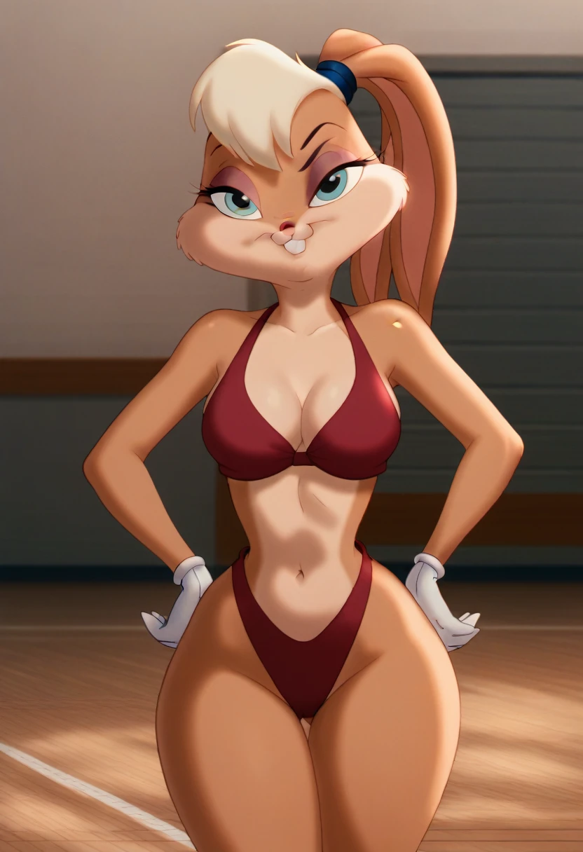 lolabunny, 1girl, solo, furry female, rabbit ears, rabbit girl, animal nose, buck teeth,smile, blue eyes, tail ,looking at viewer, indoors, score_9, score_8_up, score_7_up, score_6_up, score_5_up, score_4_up (red bikini, hands in the hips)), white background, huge hips