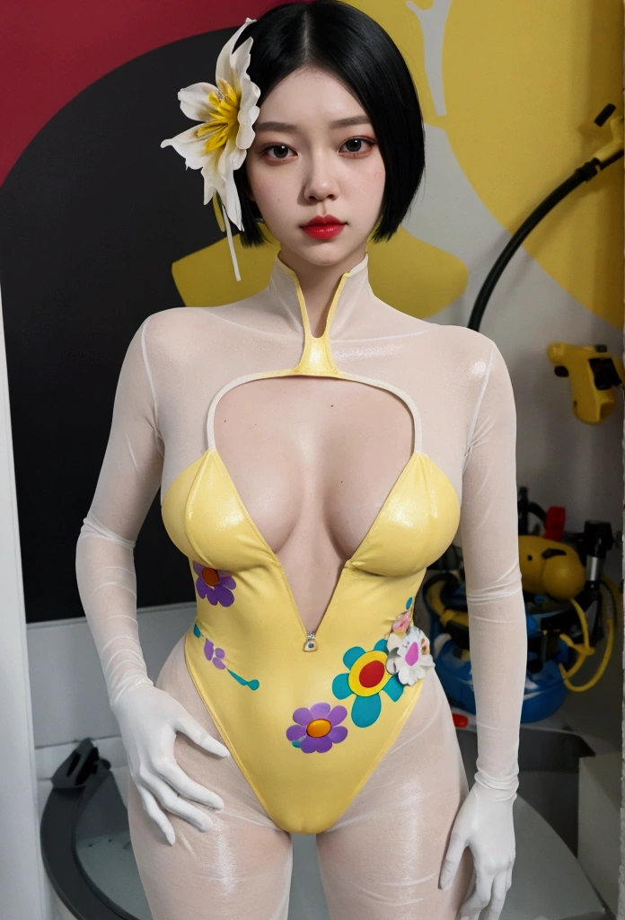 a woman in a transparent yellow bodysuit posing for a picture, ross tran and ilya kuvshinov, toiletpaper magazine, love death + robots, trending at cgstation, glenn barr, style = retro-futurism, inspired by Hanabusa Itchō II, style of takashi murakami, yoshitomo nara and aya takano, cgi clay sculpture