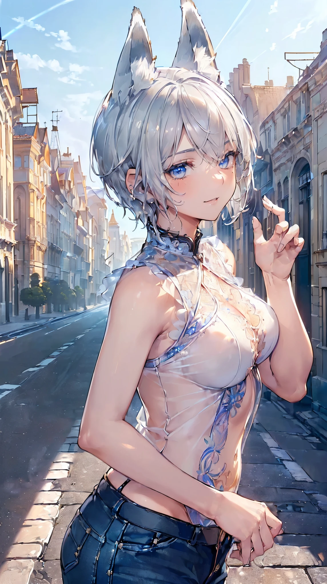 (((Masterpiece))), (((Highest quality))), ((Ultra-detailed)), ((Super fine illustration)), ((Ultra-fine painting)), (16K highest quality wallpaper:1.4), (Upper body:1.6), HDR, (Highly detailed and delicate illustration style:1.8), Detailed skin texture, Detailed cloth texture, Extreme detailed description, (Highly detailed face:1.4), (Highly detailed silver fox ears:1.2), (Highly beautiful and detailed short hair:1.2), (Highly beautiful and detailed blue eyes:1.2), Original, Intricate details, Super details, (Perfect anatomy:1.4), (Highly detailed hands:1.2), (Highly detailed fingers:1.2), (Highly detailed fingertips:1.2), (Sexy), (Sexy), (18-years-old:1.4), (Solo:1.6), ((A very beautiful and cool boyish fox model with silver fox ears:1.4)), Beautiful and adorable silver fox ears:1.6), (Highly detailed and delicate silver fox ears:1.2), (Beautiful and well-shaped big breasts:1.2), (Beautiful and well-shaped buttocks), (Beautiful and shiny rainbow-colored short hair, colorful short hair:1.4), (Highly detailed and delicate silver short hair:1.4), (Beautiful and clear blue eyes:1.5), (Highly detailed and delicate blue eyes:1.2), (Highly detailed face:1.4), (Smile:1.5), (Blush:1.3), (Looking at viewer:1.4), (Dynamic pose:1.2), (Walking:1.4), ((Very beautiful and cool casual boyish outfit:1.4)), ((Highly detailed and beautiful streets of European capitals in the background just after noon:1.6), (Just after noon:1.4), Very detailed and delicate streets of European capitals:1.2), (NSFW)