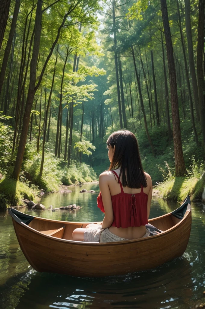 create an expressionist landscape with a girl in a canoe sitting backwards in the forest