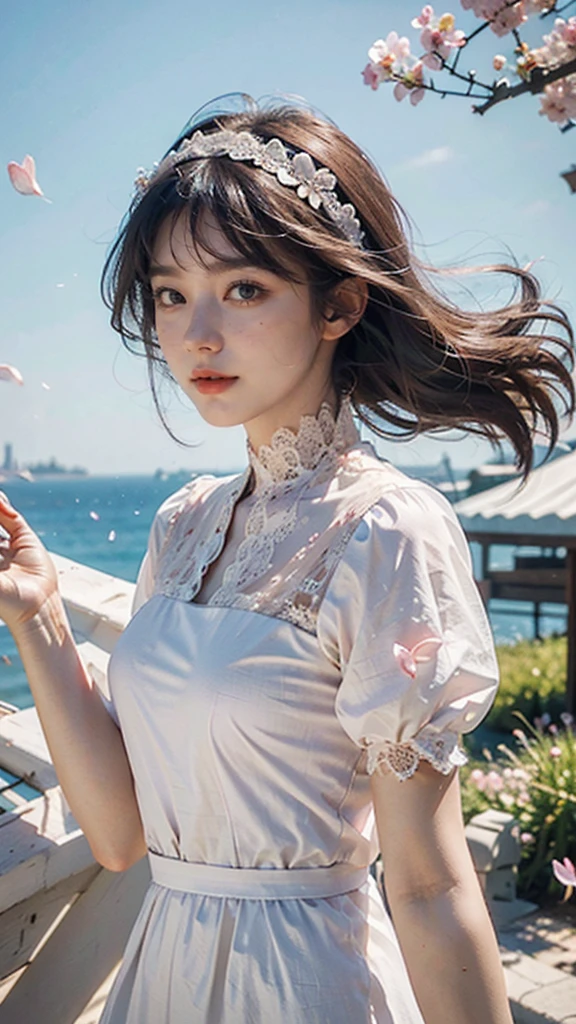 (CG unity 8k wallpaper extremely detailed) (better quality) (better lighting) (an extremely delicate and beautiful) (floating) (beautiful) (spring atmosphere) (1girl) (long pink hair), (hair headband), (detailed and beautiful blue eyes), ((very short white dress, pink lace underside), (lace), ((light transparent silk))), (cherry blossom petals), (butterflies), (dof), (volumetric light) cinematic lighting, chromatic aberration, Sony FE GM, textured skin, high details, highres, 8k