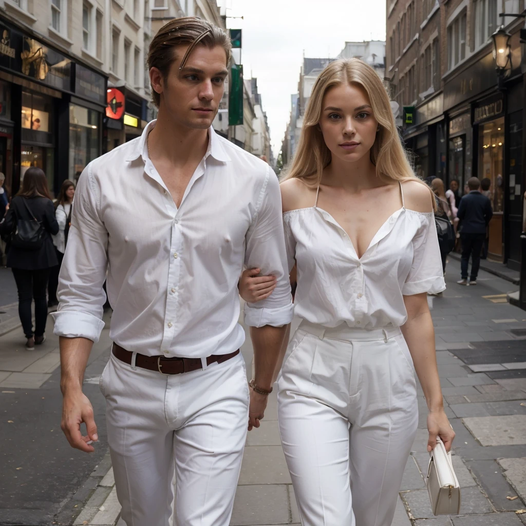 ((best quality)), ((masterpiece)), (detailed), couple, walking in London, England, 1woman, very long blonde hair, cocktail dress, 1man, tall, muscular, handsome, dark short hair, wearing white shirt, white pants, summer time