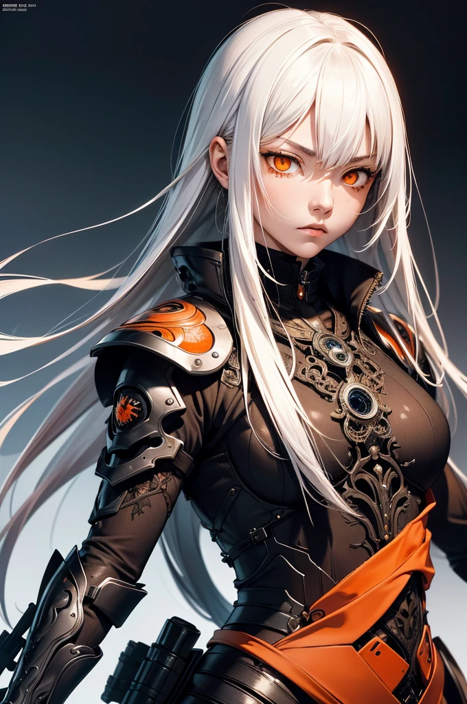 style of Tsutomu Nihei,(incredibly absurdres, (high resolution:1.18), intricate detail, (masterpiece:1.1), (highest quality:1.1), absurdres),(1girl, portrait, white hair, orange eyes, long hair, detailed eyes),