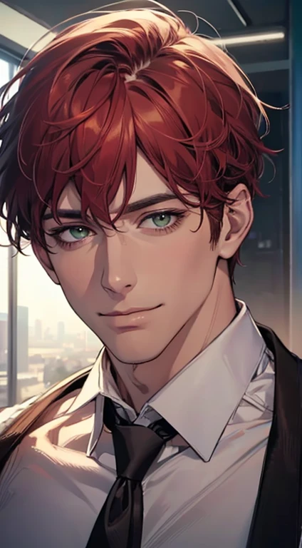 (Highest quality,4K,8K,High resolution,masterpiece:1.2),Super detailed,(Realistic,photoRealistic,photo-Realistic:1.37),1 person,34 years old,Mature Men,Beautiful skin、very handsome,Expressionless smile in love,Short gray red hair,green eyes,Sharp Eyes,A perfect face without a doubt,Businessman, CEO, Office Background,Cinema Lighting,HDR image,tie、