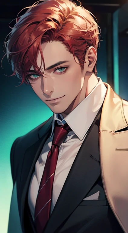 (Highest quality,4K,8K,High resolution,masterpiece:1.2),Super detailed,(Realistic,photoRealistic,photo-Realistic:1.37),1 person,34 years old,Mature Men,Beautiful skin、very handsome,Expressionless smile in love,Short gray red hair,green eyes,Sharp Eyes,A perfect face without a doubt,Businessman, CEO, Office Background,Cinema Lighting,HDR image,tie、