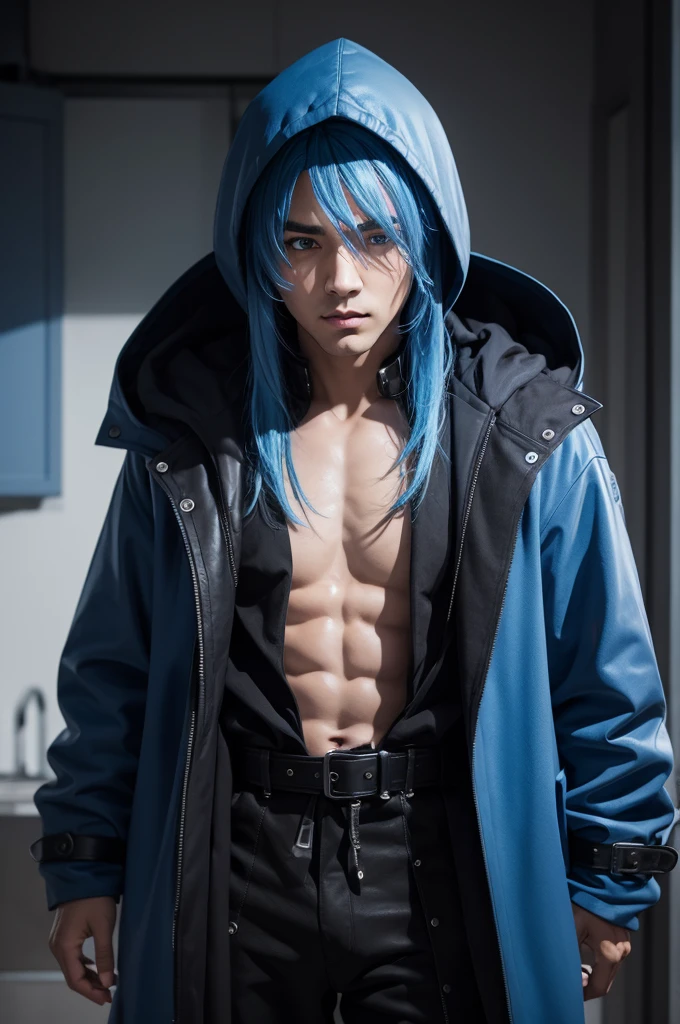 Create a character with blue hair and a black hood and coat