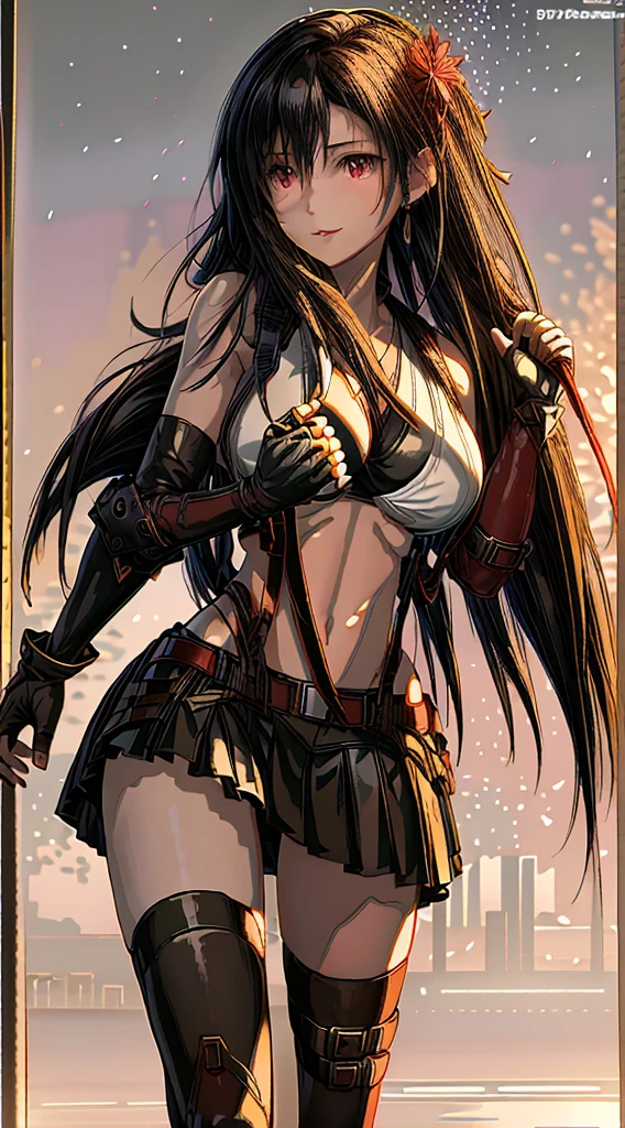 (8k、highest quality、MASTERPIECE:1.2)、(photorealistic:1.3 of 7)、Super Detailed、girl 1 person、mature、solo、(Tifa Lockheart)、(big chest)、(((huge lift clothes to show bra)))、(((black bra)))、(beautiful eyes)、(smiling:1.2)、(Closed)、erotic pose、dance、neons、street scenery、Depth Of Field、Dark and strong shadows、Sharp focus、auto、motion blur、bike、Depth Of Field、composition、Glowing green light、Final Fantasy VII, (nose blush)、Single Elbow Pad、Ankle Boots、dark black hair、toned thighs、red boots、Elbow Gloves、Elbow pads、Fingerless Gloves、Taut Shirt、sports bra、(suspenders), (Black Skirt)、thights、white tank top、All over body、head rest、Lips、Facial、Low Tai Long Hair、(red_Ojo)、Yellow flowers、(night:1.3)、Complex、Bokeh、Cinematic Lighting、Photon mapping、Radiosity、physically based rendering、(Tetsuya Nomura Style)、NSFW、Perfect Breasts