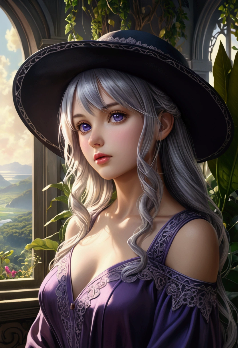 1girl, elaina_(majo_no_tabitabi), silver hair, purple eyes, long hair, hat, masterpiece, best quality, (realistic:1.37), (photorealistic:1.37), (detailed:1.2), (highly detailed:1.2), (incredibly detailed:1.2), cinematic lighting, volumetric lighting, natural lighting, intricate details, delicate features, beautiful eyes, beautiful lips, beautiful skin, elegant dress, wistful expression, complex background, lush vegetation, fantastical landscape, vibrant colors, atmospheric lighting