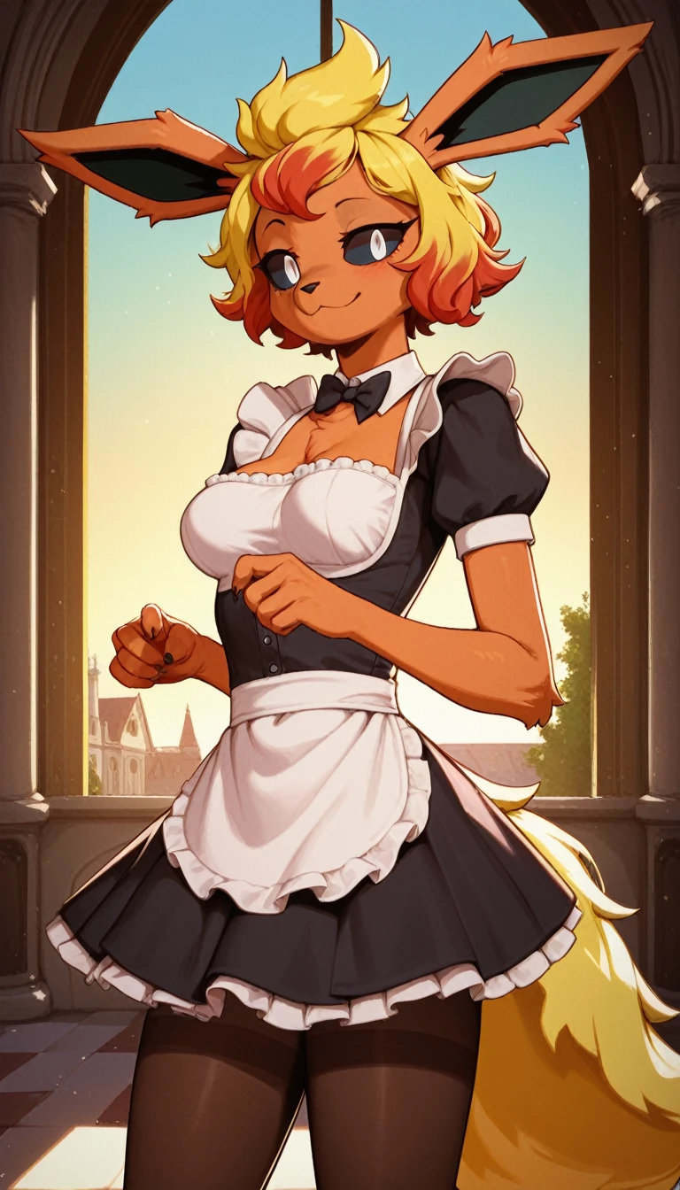 Excited expression, 1girl, anthro, furry, fur, fluffy fur, flareon girl, yellow hair (red highlights), black sclera, white eyes, short hair, Messy hair, (19 years), medium breast, thicc thighs, solo, (mansion), sunset, detailed, smug smile, maid outfit, pantyhose, score_9, score_8_up, score_7_up, score_6_up, score_5_up, score_4_up