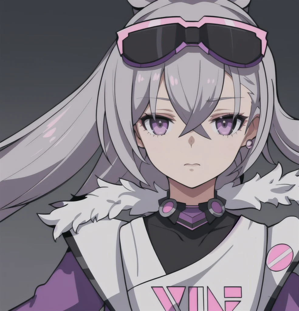 anime girl, grey hair, black eyes, bubblegum, dark pink clothes, purple glasses, silver wolf, white shirt, 1girl, masterpiece, (beautiful and aesthetic:1. 5), thick black lineart, clean lineart, perfect lineart, variable lineart, clean anime outlines, intense line art, bold lineart, sharp lineart, best quality, high quality, best quality, ultra-detailed, colourful, saturated colours, dynamic lighting, HD,