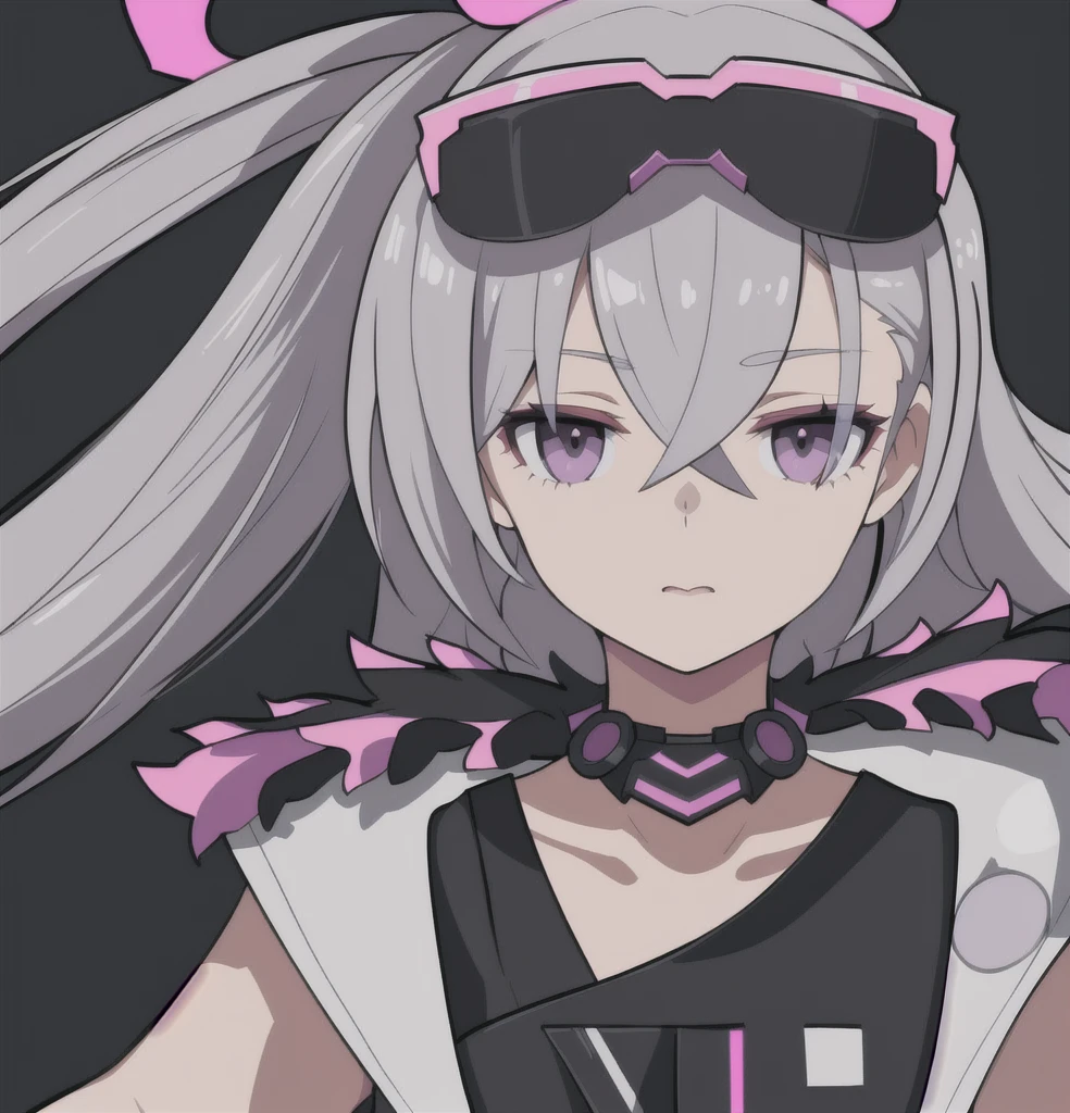 anime girl, grey hair, black eyes, bubblegum, dark pink clothes, purple glasses, silver wolf, white shirt, 1girl, masterpiece, (beautiful and aesthetic:1. 5), thick black lineart, clean lineart, perfect lineart, variable lineart, clean anime outlines, intense line art, bold lineart, sharp lineart, best quality, high quality, best quality, ultra-detailed, colourful, saturated colours, dynamic lighting, HD,