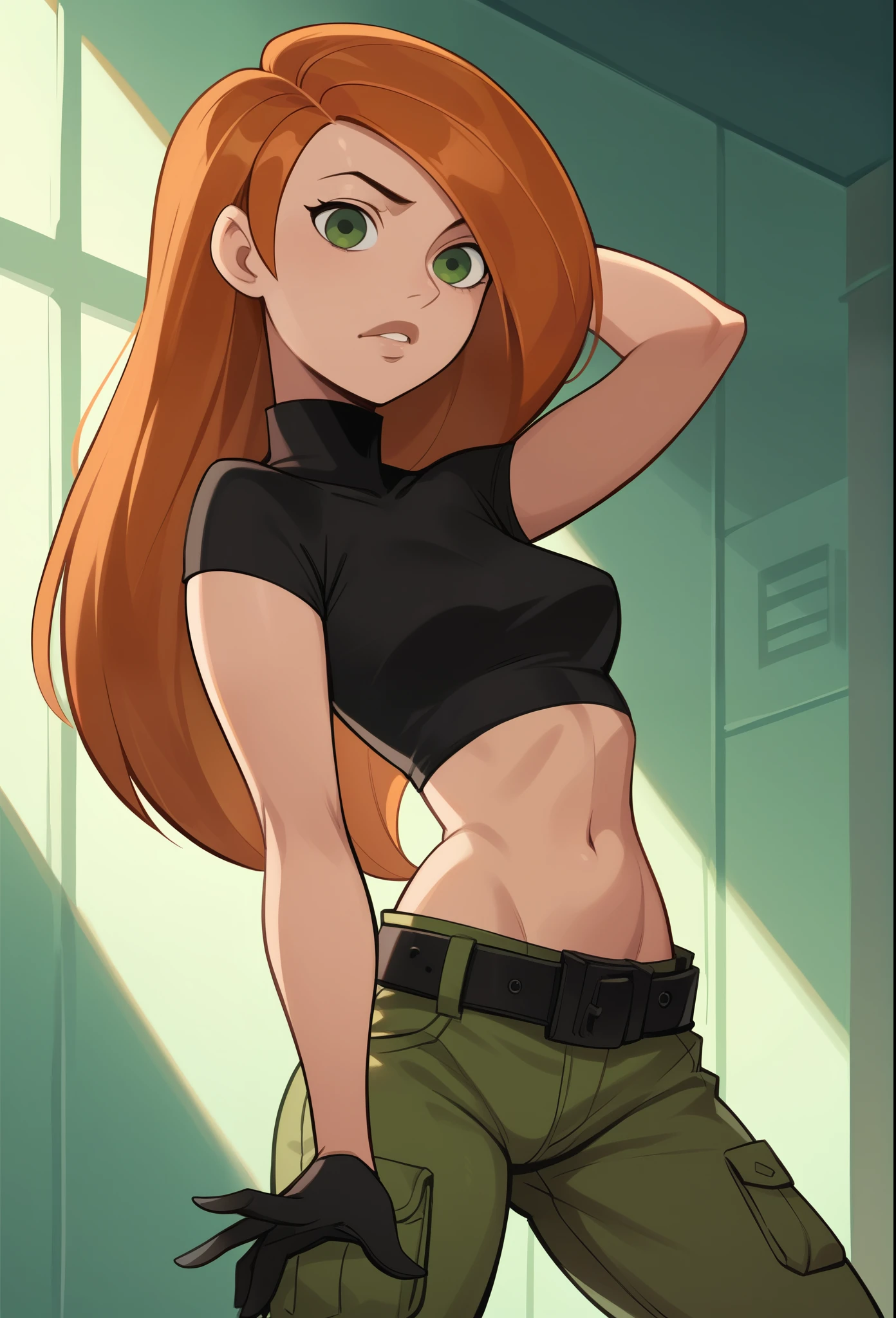  score_9, score_8_up, score_7_up, score_6_up, score_5_up, score_4_up, kim_possible,1girl,solo,long hair,black gloves,navel,green eyes,midriff,belt,green cargo pants,orange hair,black crop top,turtleneck,room,room background,cowboy shot