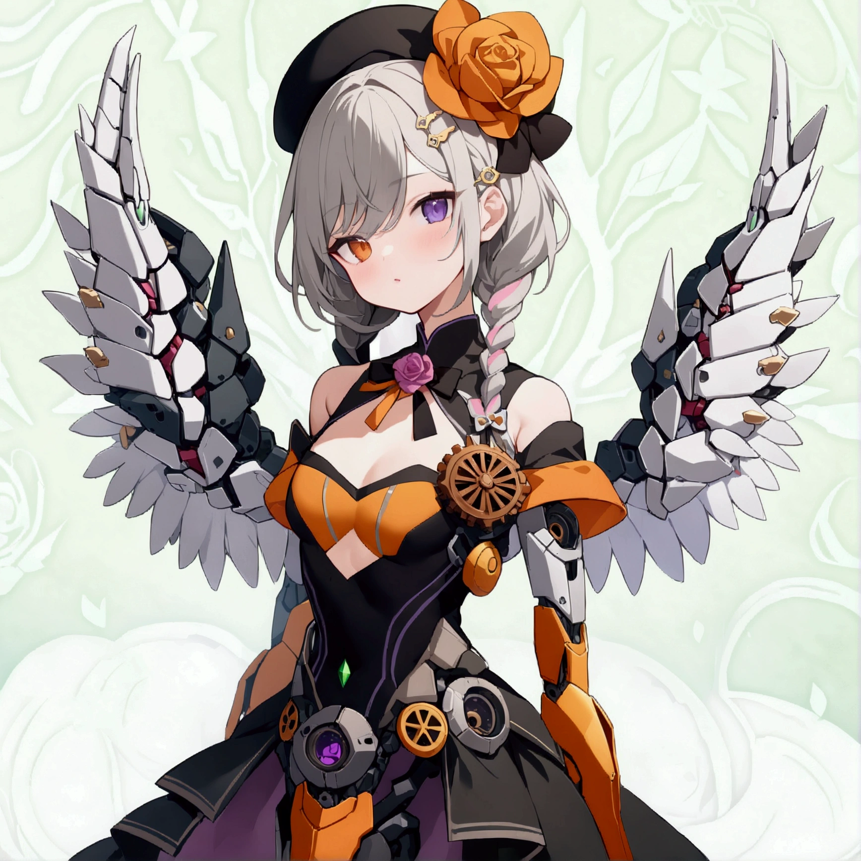 woman 160 cm tall, slim build, , charming look, ((heterocromia: look like, derecho naranja y look like izquierdo violeta)), (Shoulder Length Wavy Gray Hair, She has a medium braid on the left side of her hair., big open bangs, has a gear hairpin on the right side of the hair), (((complex mechanical legs up to the hip, The legs are black with gray parts with small pink details))), (((complex mechanical arms up to the elbows, The arms are black with gray parts with small pink details))), (complex mechanical angel wings of white color with dark gray parts), (elegant black French beret with an orange rose ribbon), (elegant thigh-length one-piece dress, short bell skirt, short sleeves, elegant black hip belt with orange parts, small rose brooch in the middle of the chest, beautiful stiletto heels with a medium ribbon at the back, blue and black ribbon decorations on the dress, small gears on the skirt of the dress), (((character design sheet: Front view))), ((full body)), extremely detailed beautiful hair, beautiful detailed dress, extremely detailed arms, extremely detailed face, (Extremely detailed hands), perfect hands, small face, hermosos look likes detallados, beautiful detailed lips, adorable, extremely detailed legs, (Best Quality, 8k, Ultra resolution), ultra detailed, Exquisite and epic character art, ((White background)), (Focus on symmetry).