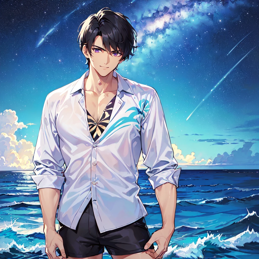 masterpiece,best quality,high quality,(1 male austere handsome solo adult age 30 years old:1.5), purple eyes, cool with suspended eyes, V-shaped eyebrows, body strong and fearless 8.5 head tall, height 185cm, (well-groomed black short hair to neck:1.4), (bangs 1.4), slender nose, facial muscles, throat, (Aloha shirt and shorts: 1.3), (hand on chin: 1.3), (stylish pose), (cool smug face: 1.3), (background ocean: 1.3) , (Milky Way Night Sky: 1.3), (upper body:1.3)