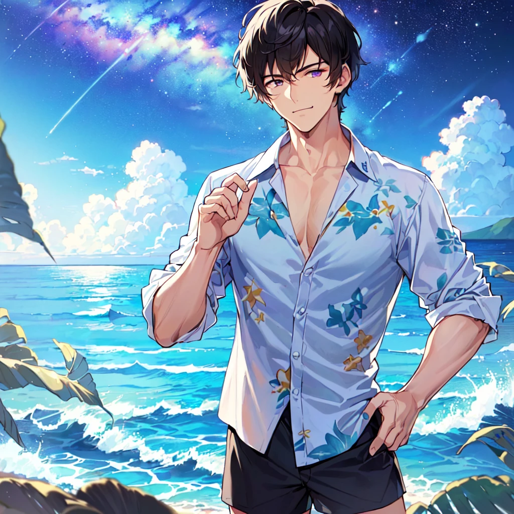 masterpiece,best quality,high quality,(1 male austere handsome solo adult age 30 years old:1.5), purple eyes, cool with suspended eyes, V-shaped eyebrows, body strong and fearless 8.5 head tall, height 185cm, (well-groomed black short hair to neck:1.4), (bangs 1.4), slender nose, facial muscles, throat, (Aloha shirt and shorts: 1.3), (hand on chin: 1.3), (stylish pose), (cool smug face: 1.3), (background ocean: 1.3) , (Milky Way Night Sky: 1.3), (upper body:1.3)