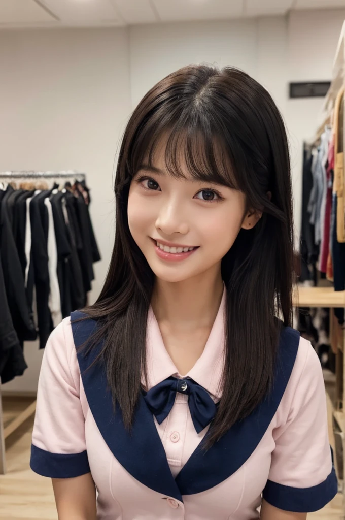  uniform、White Sailor Suit、Navy blue pleated skirt、Drama club room, high school senior, drama club president, ((full body)), ((photo)), ((best qualtiy, 8k, tmasterpiece:1.3)), Focus:1.2, perfect figure beautiful girl:1.4, 1girl, cowboy shot, look at viewer, eyes facing the camera, incredibly absurd, beautiful and cute girl with a photorealistic face, showcasing top-quality craftsmanship, A Japanese girl preparing for club activities in the drama club room, , long, straight, silky black hair, fair skin, big eyes, thin eyebrows, double eyelids, long eyelashes, pink lips, smile, devilish smile, gorgeous features, well-defined facial features, beautiful face line, mysterious beauty, Slender, tall, well-balanced proportions, large E-cup breasts, navsailor uniform, favorite silver accessories, well-groomed nails, pretty girl, beauty, devilish type, pretty older sister, passionate about art, sociable, friendly, positive, has leadership skills, is proactive, is flexible, gets things done efficiently, works hard towards dreams and goals, May