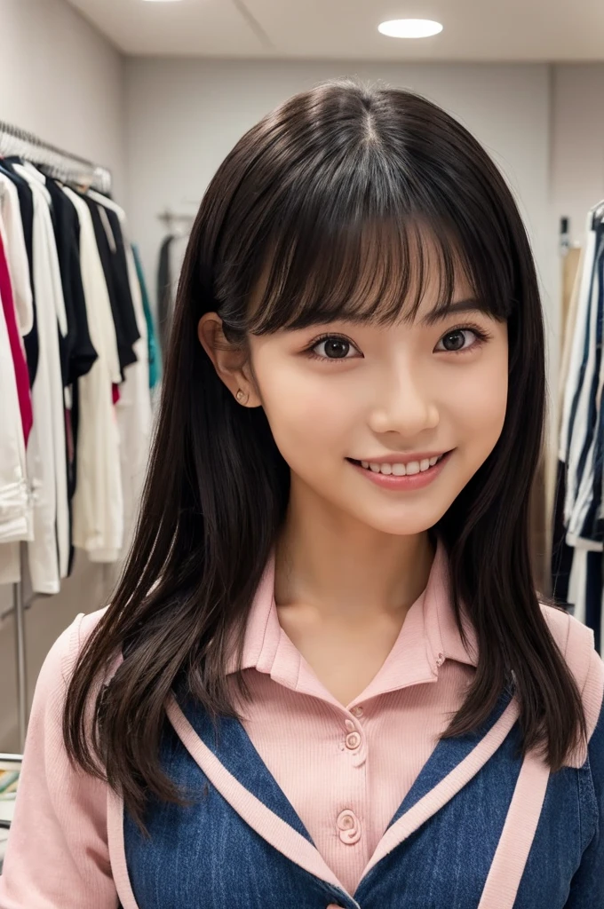 紺と白のセーラー服、Drama club room, high school senior, drama club president, ((full body)), ((photo)), ((best qualtiy, 8K, tmasterpiece:1.3)), Focus:1.2, perfect figure beautiful girl:1.4, 1girl, cowboy shot, look at viewer, eyes facing the camera, incredibly absurd, beautiful and cute girl with a photorealistic face, showcasing top-quality craftsmanship, A Japanese girl preparing for club activities in the drama club room, 15 years old, long, straight, silky black hair, fair skin, big eyes, thin eyebrows, double eyelids, long eyelashes, pink lips, smile, devilish smile, gorgeous features, well-defined facial features, beautiful face line, mysterious beauty, slender, tall, well-balanced proportions, large E-cup breasts, navy blue sailor uniform, favorite silver accessories, well-groomed nails, pretty girl, beauty, devilish type, pretty older sister, passionate about art, sociable, friendly, positive, has leadership skills, is proactive, is flexible, gets things done efficiently, works hard towards dreams and goals, May