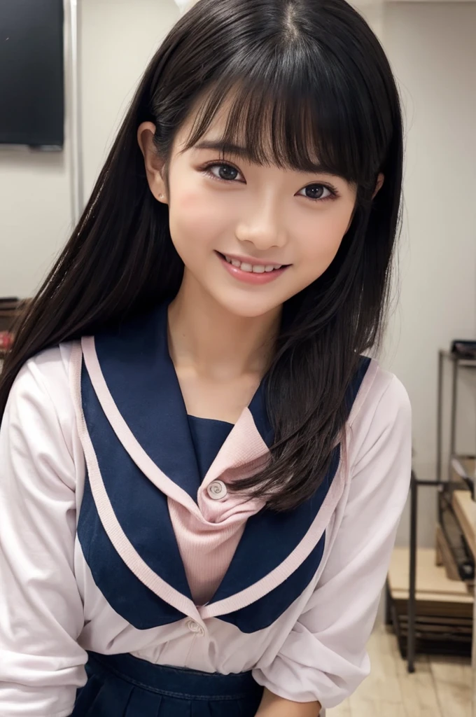 紺と白のセーラー服、Drama club room, high school senior, drama club president, ((full body)), ((photo)), ((best qualtiy, 8K, tmasterpiece:1.3)), Focus:1.2, perfect figure beautiful girl:1.4, 1girl, cowboy shot, look at viewer, eyes facing the camera, incredibly absurd, beautiful and cute girl with a photorealistic face, showcasing top-quality craftsmanship, A Japanese girl preparing for club activities in the drama club room, , long, straight, silky black hair, fair skin, big eyes, thin eyebrows, double eyelids, long eyelashes, pink lips, smile, devilish smile, gorgeous features, well-defined facial features, beautiful face line, mysterious beauty, slender, tall, well-balanced proportions, large E-cup breasts, navy blue sailor uniform, favorite silver accessories, well-groomed nails, pretty girl, beauty, devilish type, pretty older sister, passionate about art, sociable, friendly, positive, has leadership skills, is proactive, is flexible, gets things done efficiently, works hard towards dreams and goals, May