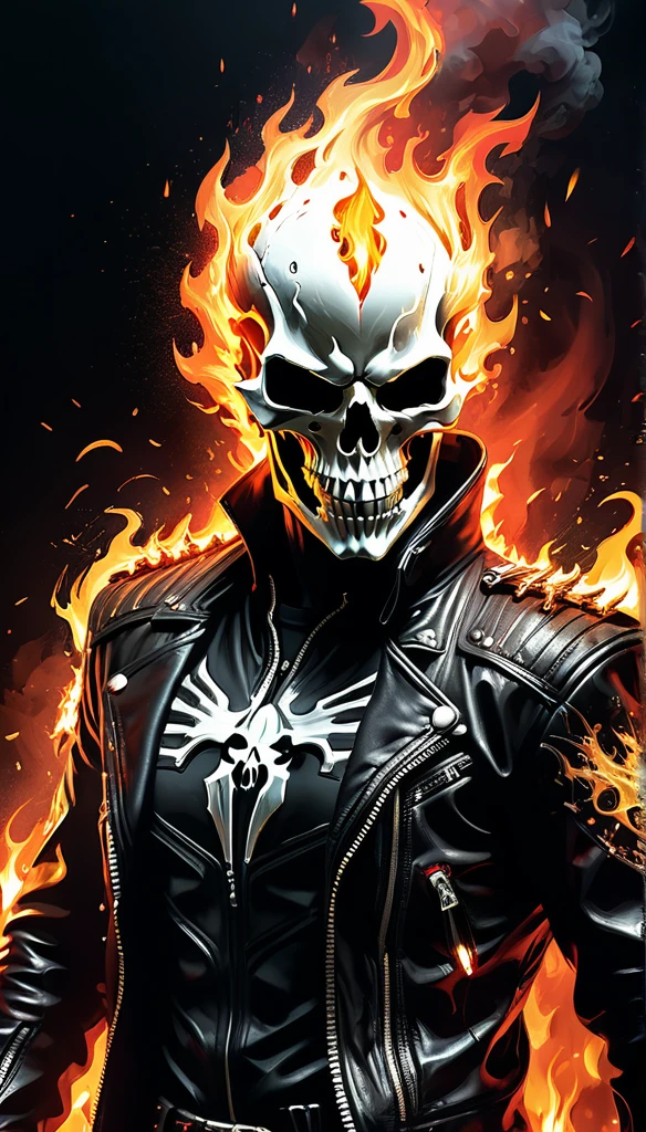 Ultra-realistic poster of a burning Ghost Rider in the red matrix, Daniel Castan :: Carne Griffiths :: Andreas Lee :: Russ Mills :: Leonid Afremov, dark background, cinematic, high detail, Bright, (RAW photo, master piece, best quality, intricate details, sharp focus, uhd, 8k, Ultra Detailed 8k CG, cinematic lighting, vivid colors, sof HDR)
