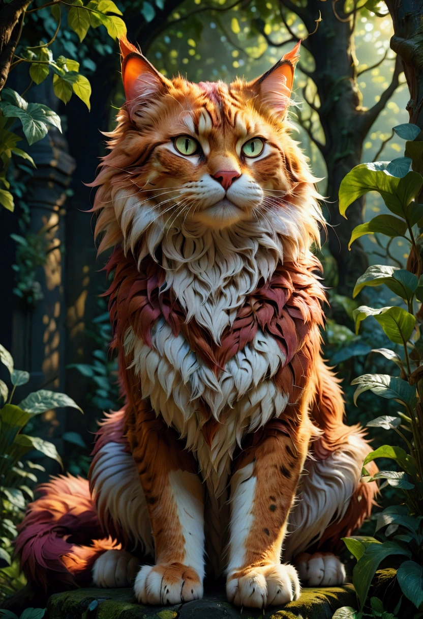Giant Cat, A giant majestic cat, detailed feline anatomy, intricate fur textures, cinematic lighting, dramatic shadows, epic fantasy landscape, lush foliage, moody atmosphere, vibrant colors, 8k, masterpiece, best quality, very aesthetic, absurdres