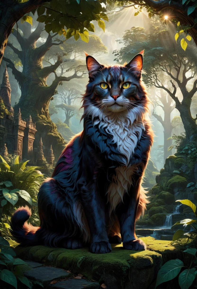 Giant Cat, A giant majestic cat, detailed feline anatomy, intricate fur textures, cinematic lighting, dramatic shadows, epic fantasy landscape, lush foliage, moody atmosphere, vibrant colors, 8k, masterpiece, best quality, very aesthetic, absurdres