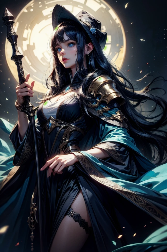 (absurdres, highres, ultra detailed), clean detailed anime art, 1woman, black blue toned hair, long hair, blue eyes, white skin, witch costume, holding a staff, dark forest, night, 
