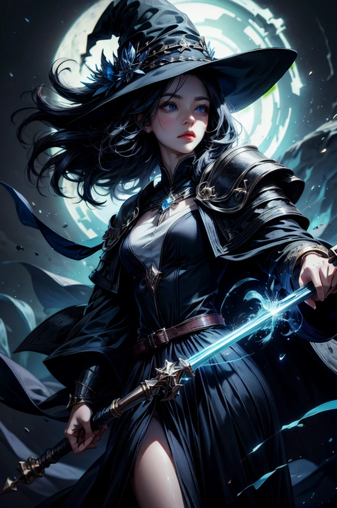 (absurdres, highres, ultra detailed), clean detailed anime art, 1woman, black blue toned hair, long hair, blue eyes, white skin, witch costume, holding a staff, dark forest, night,