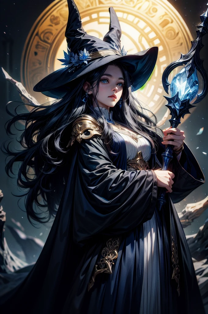 (absurdres, highres, ultra detailed), clean detailed anime art, 1woman, black blue toned hair, long hair, blue eyes, white skin, witch costume, holding a staff, dark forest, night,
