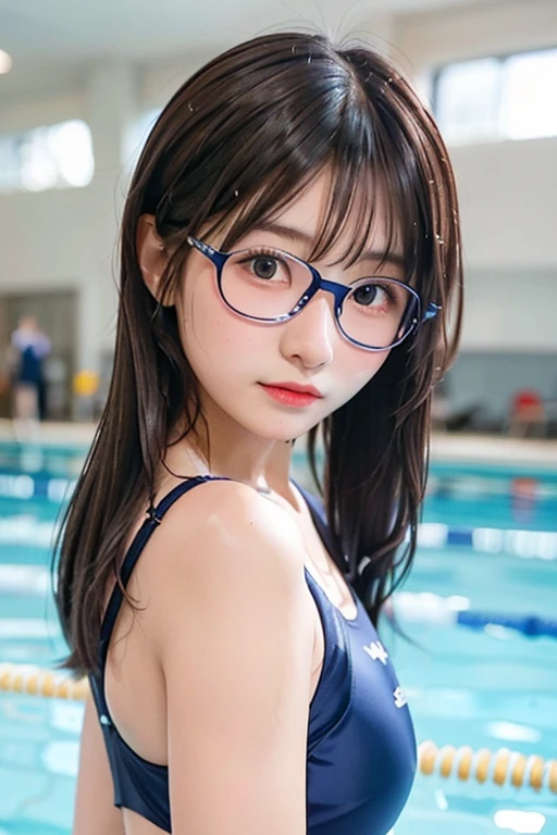 Highest quality、Complete limbs、Full Finger、Slender beauty、Straight hair、Brown Hair、barefoot、White competitive swimsuit、Small eyes、Wet texture、Beautiful big 、Swimming Stadium、Pool、Audience seats、Poolサイドに座る、Sexy pose、smile、(((((Eyes hidden in bangs)))))、(((Long black hair:1.2)))(((Black-rimmed glasses:1.2　black eye)))