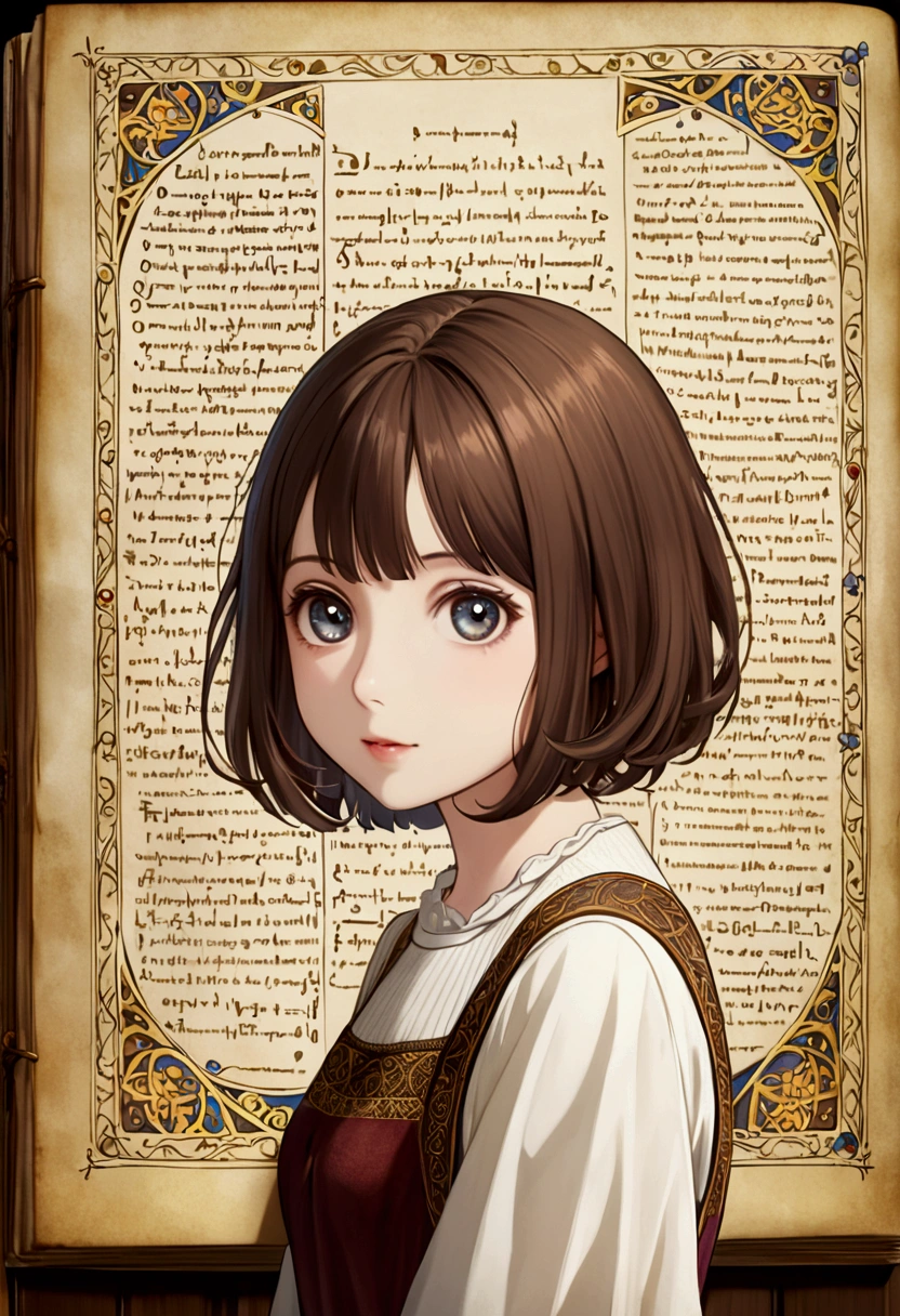 Short hair and white summer knit, summer knit, short hair, short hair with bangs, girl with cute face, cute fine face in portrait, French bob, pale fair skin!!, short brown hair and big eyes, soft portrait shot 8 k, beautiful light big eyes, beautiful young girl, young girl in a bob cut, best image quality, masterpiece, notes of Leonardo da Vinci da Vinci, Leonardo da Vinci's manuscript as a background