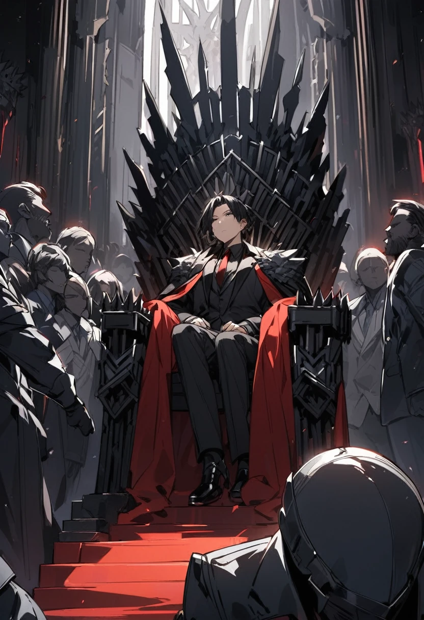 Faceless king in a throne, short black hair, dark suits, iron throne, people around the throne