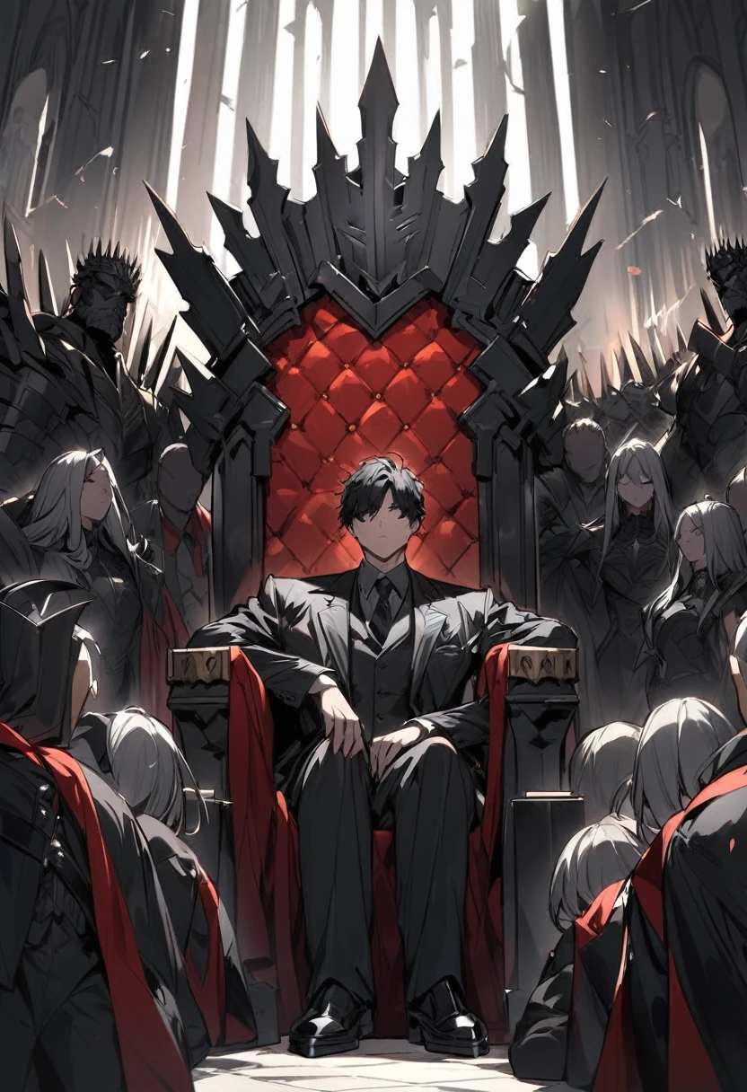Faceless king in a throne, short black hair, dark suits, iron throne, people around the throne