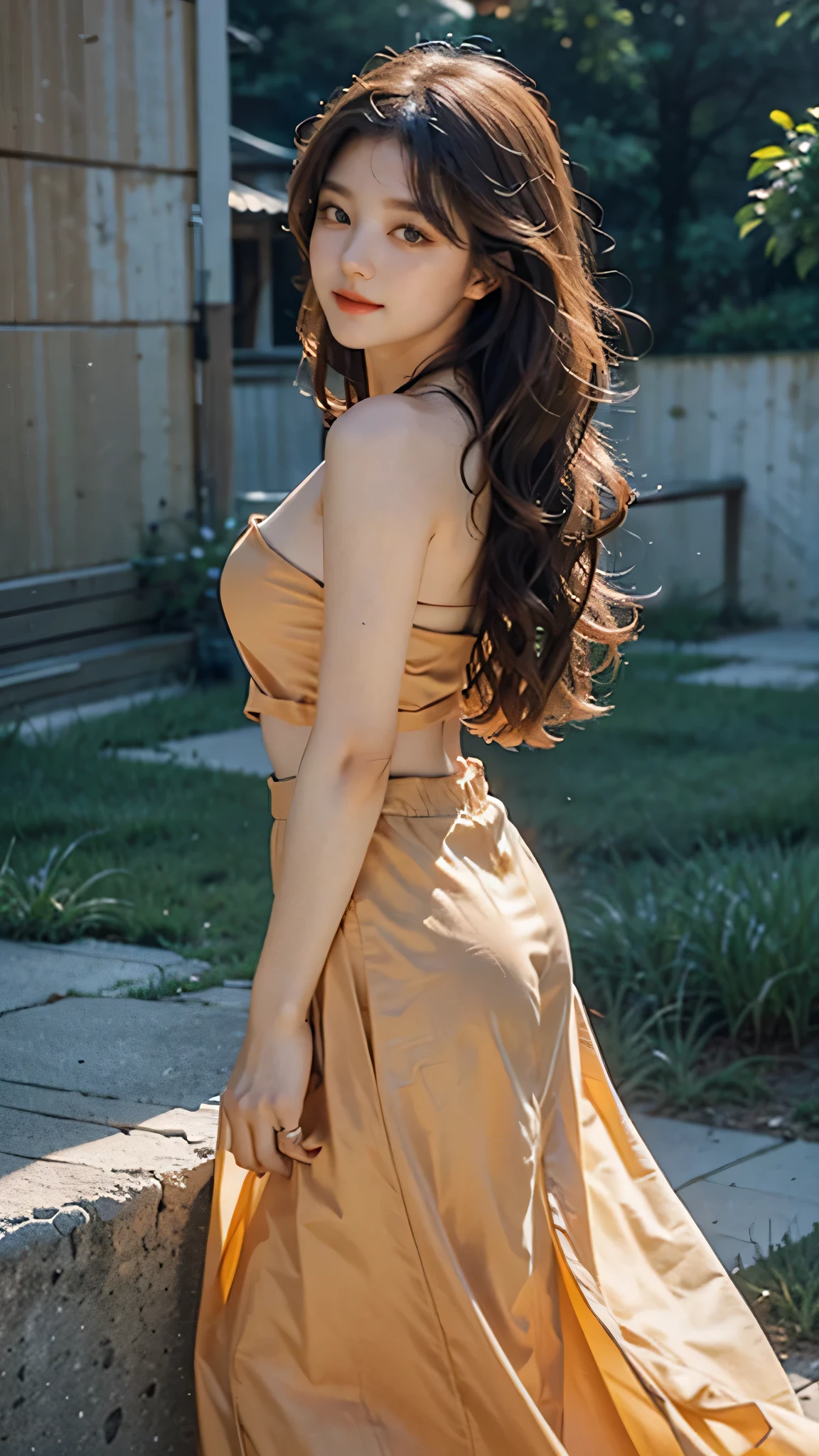 detailed background, masterpiece, best quality, 1 person , curly hair, long hair, purple eyes, star in eye , orange Strapless blouse, long skirt