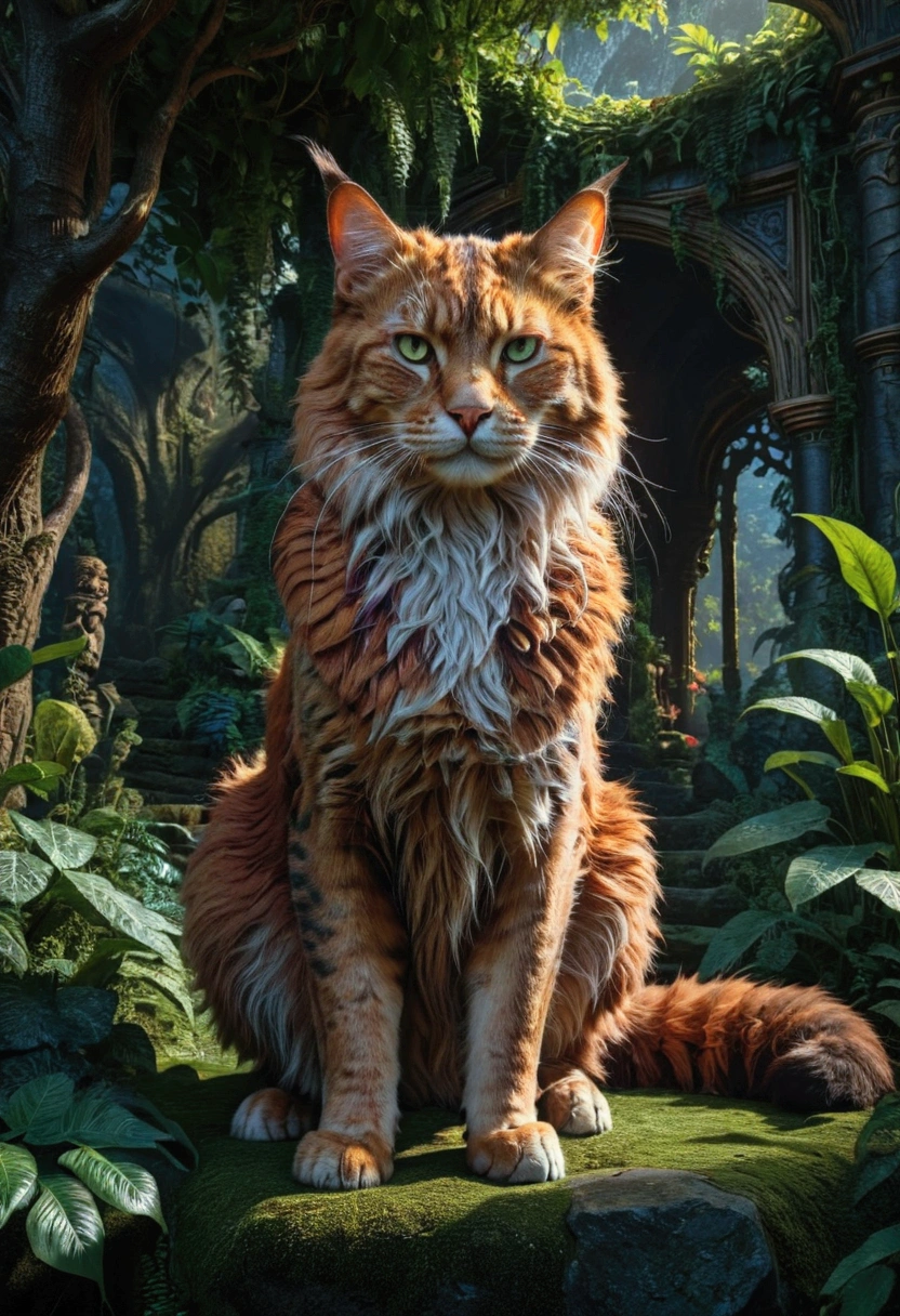 Giant Cat, A giant majestic cat, detailed feline anatomy, intricate fur textures, cinematic lighting, dramatic shadows, epic fantasy landscape, lush foliage, moody atmosphere, vibrant colors, 8k, masterpiece, best quality, very aesthetic, absurdres