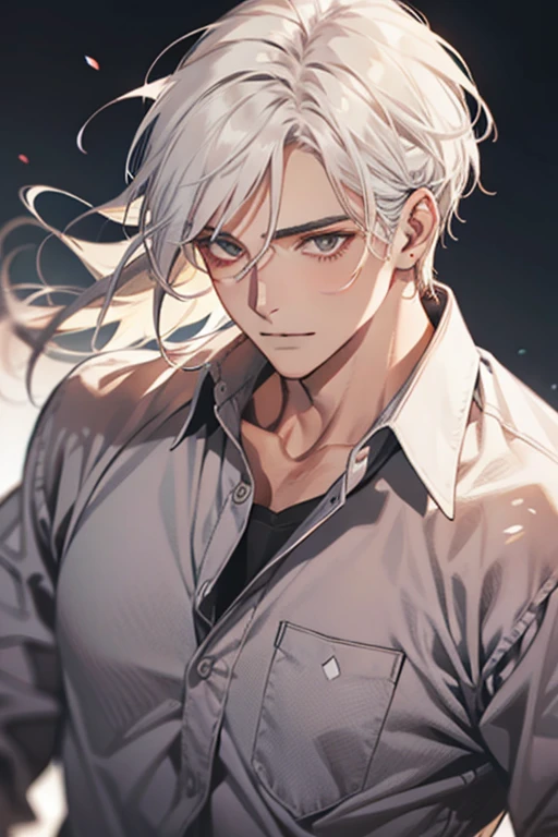 (1 man),close up shot, very long white hair, muscular, flannel shirt, farm background