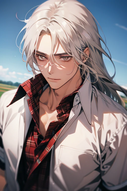 (1 man),close up shot, very long white hair, muscular, flannel shirt, farm background 