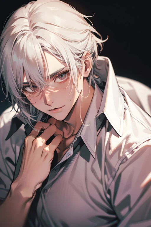 (1 man),close up shot, very long white hair, muscular, flannel shirt, farm background