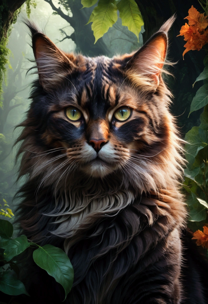 Giant Cat, A giant majestic cat, detailed feline anatomy, intricate fur textures, cinematic lighting, dramatic shadows, epic fantasy landscape, lush foliage, moody atmosphere, vibrant colors, 8k, masterpiece, best quality, very aesthetic, absurdres