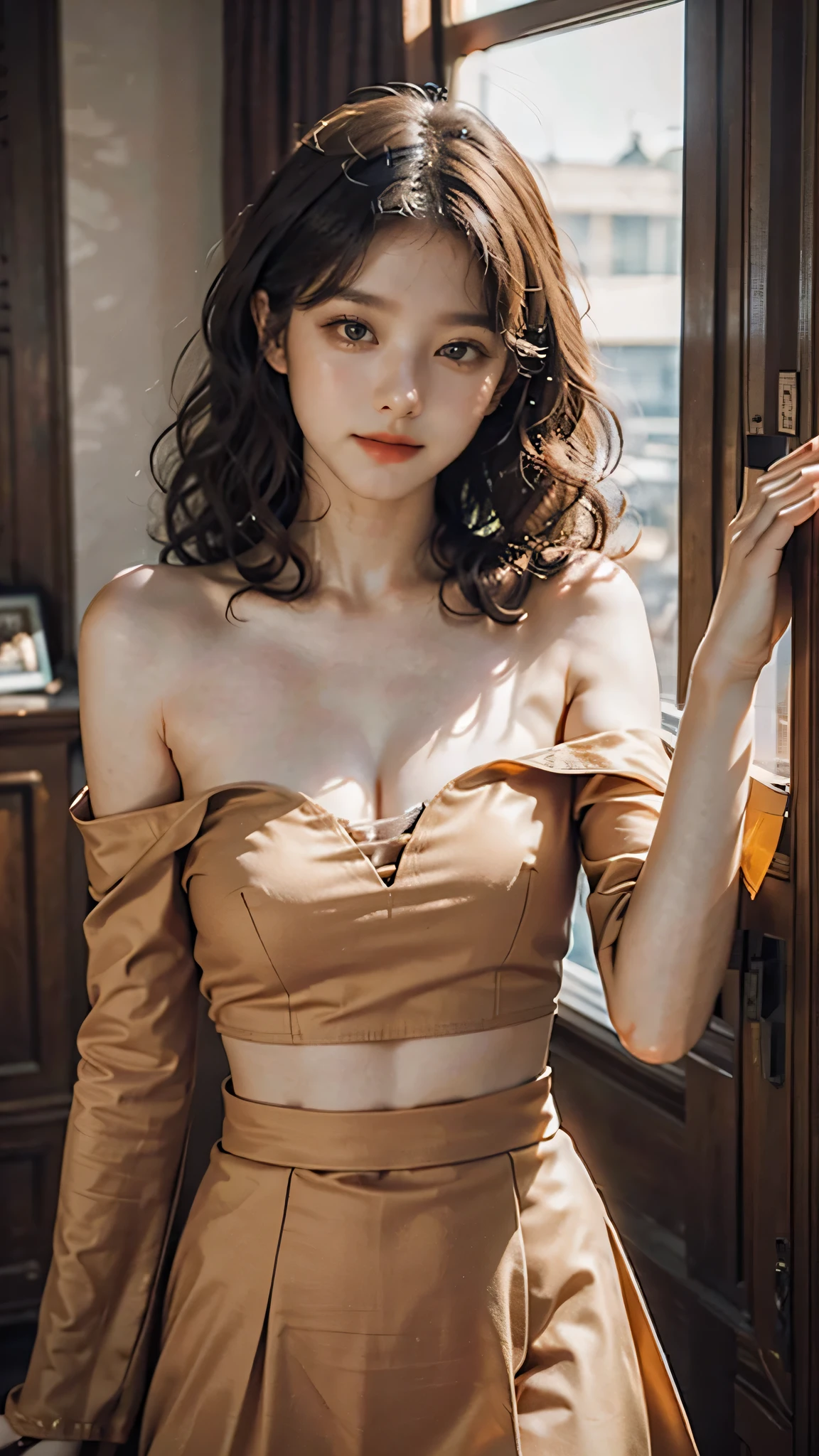 detailed background, masterpiece, best quality, 1 person , curly hair, long hair, purple eyes, star in eye , orange Strapless blouse, long skirt