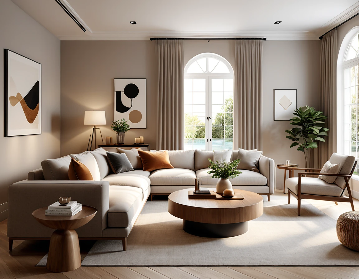 Generate a photorealistic AI-rendered image of a warm and cozy living room with a clean aesthetic. The scene should radiate a welcoming atmosphere., with well-lit spaces and a tasteful interior. Include realistic details such as furniture arrangement., subtle decoration, and a blank wall.
