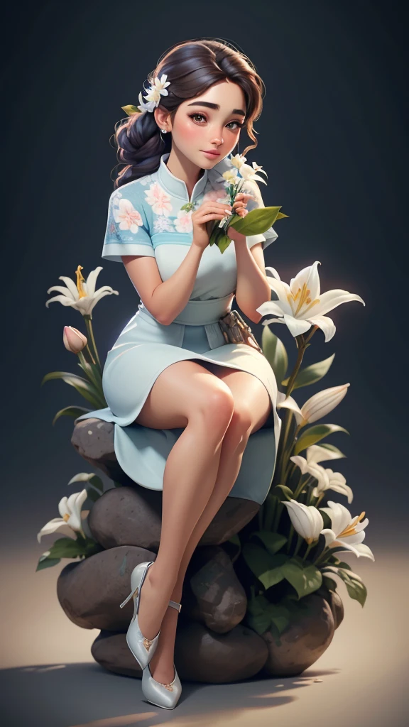 arafed woman holding a flower in her hand and looking up, with flowers, attractive pose, sitting with flowers, holding a flower, stylish pose, beautiful pose, holding flowers, casual pose, beautiful image, with frozen flowers around her, fanart, gorgeous lady, lily, photoshoot, solo photoshoot, with lovely look, by Max Dauthendey